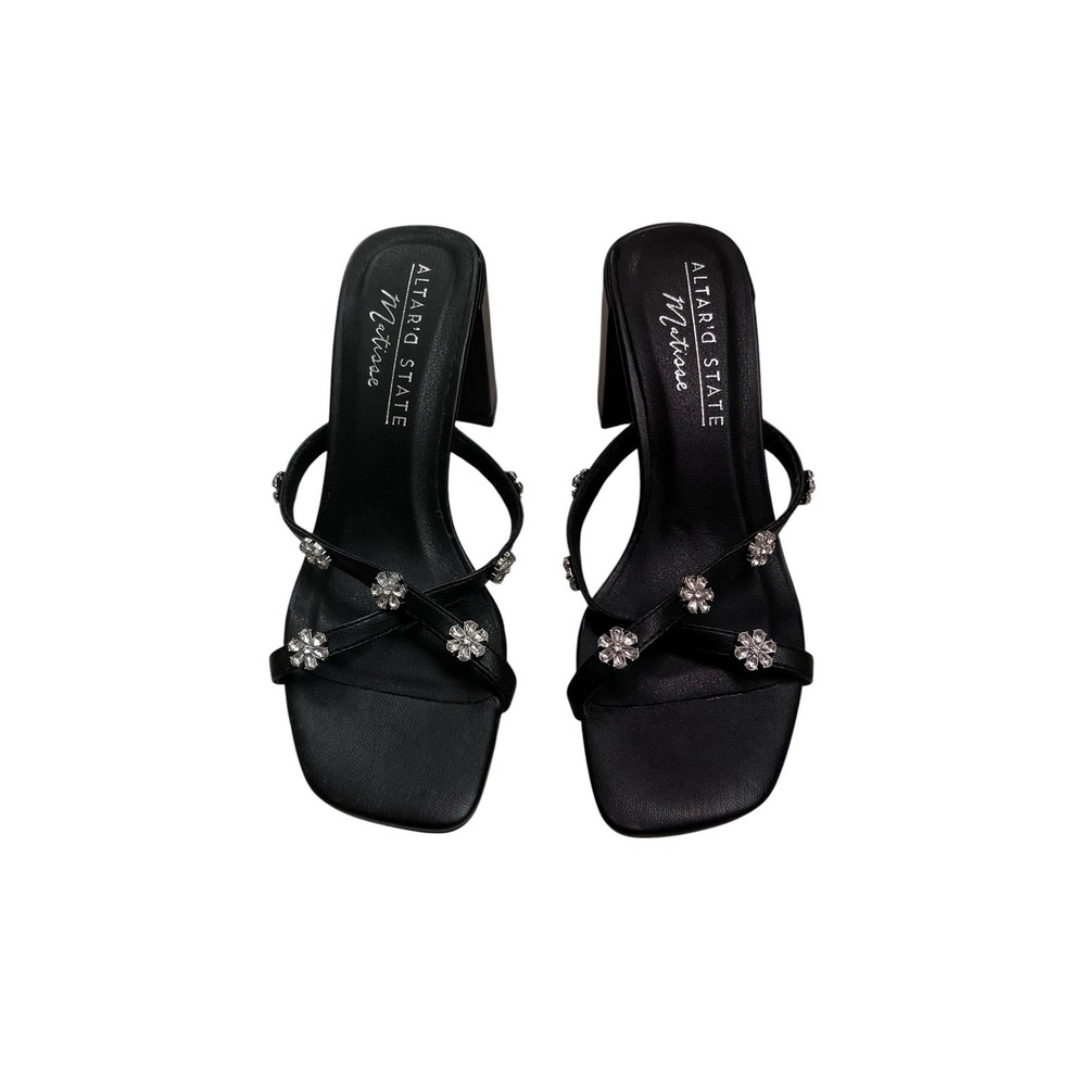 Altard State X Mattise Lyle Chunky Heel Sandals 6 Black Mules Crystal Flowers